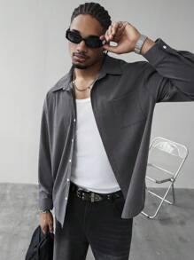 Manfinity Homme 1pc Men's Solid Color Long Sleeve Single Breasted Casual Pocket Shacket ,Dark Grey Button-Up Oversized Streetwear Shacket, A Great Gift For Your Boyfriend, Back To School, Corduroy