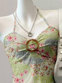 SHEIN EZwear 休闲简约绿色花卉印花性感吊带背心，Y2K 风格，垃圾摇滚时尚 - 彩色 - 查看 3