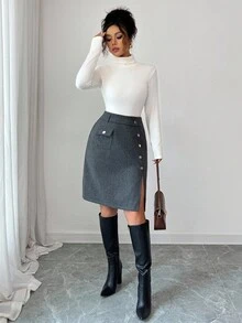Elenzga Women's Solid Color Knee-Length Side Slit Hem Button Design A-Line Skirt - Dark Grey - View 5