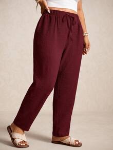 Elaquor Plus Size Women's Casual Solid Color Loose Drawstring Pants - Burgundy - View 4