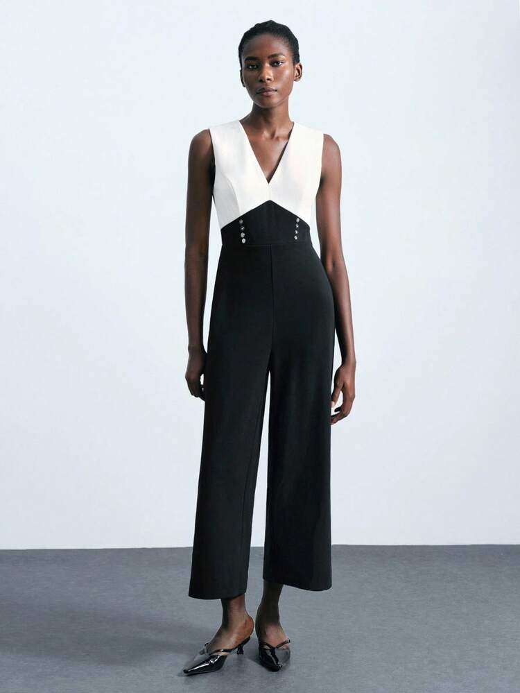 Maija 女式撞色V领无袖阔腿连体裤 - 黑與白 - 查看 5