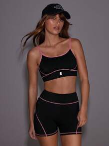 Eassivo Eassivo Women's Black Two Piecs Sports Set With Pink Contrast Lines And Reflective Logo For Yoga And Fitness - Multicolor - View 7