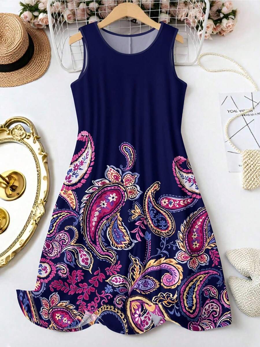 Abito senza maniche con stampa paisley, taglie comode, abito a-line casual per vacanze estive