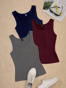 SHEIN PETITE 女士夏季方领休闲纯色上衣组合图案T恤女式上衣 - 彩色 - 查看 3