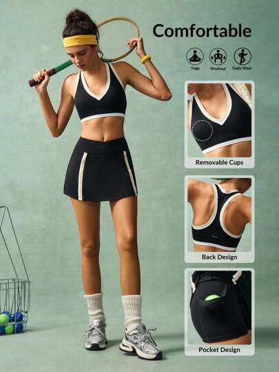 VARSIVA Workout Women Sets Women's Casual Contrast Trim Sports Camisole & Skort Set