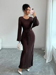 Elenzga Standard Size Solid Color Lace Up Elegant Long Sleeve Dress Fall Cloth For Women - Coffee - View 4