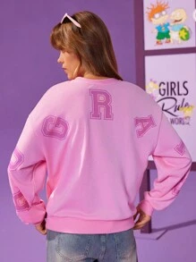 Nick 90s | SHEIN Women's Cartoon Figure Graphic Crew Neck Long Sleeve Pullover Sweatshirt - Baby Pink - View 2