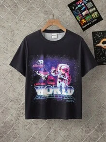 Discovery X SHEIN Tween Boy Space Planet & Astronaut Graphic Black Short Sleeve T-Shirt