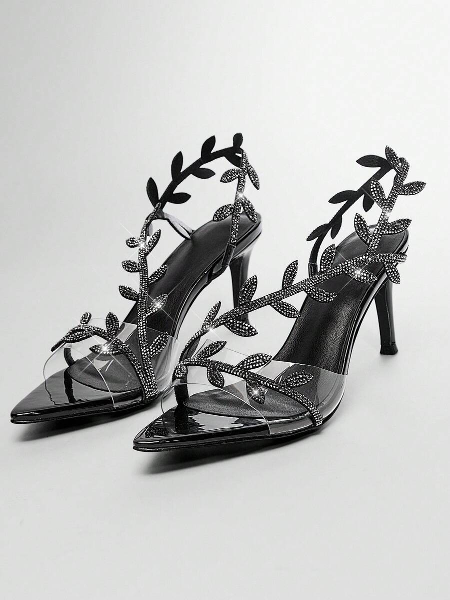 SHUZIA Versatile Women's Fashionable Cut Leaf Point Toe Stiletto Heel Sandals - Black - View 1