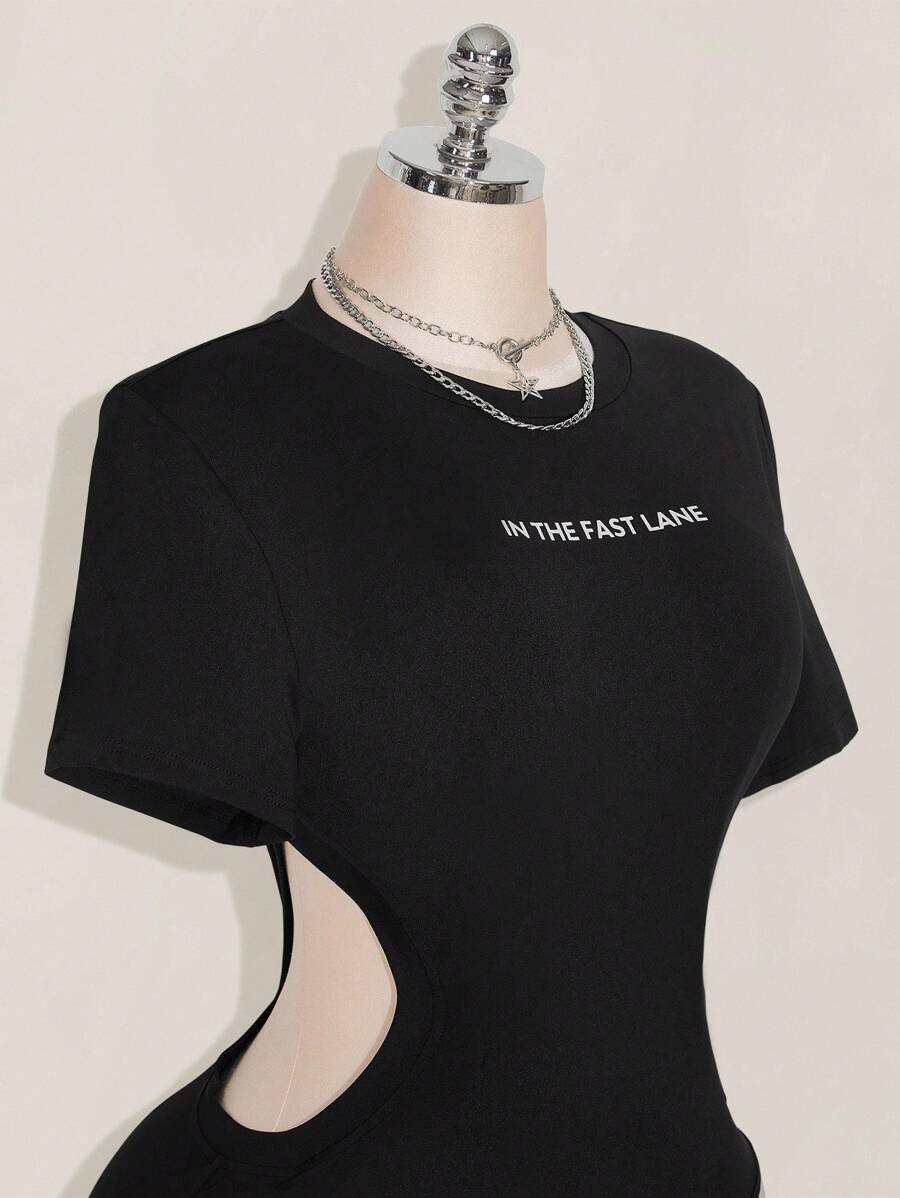 SHEIN ICON 加大码 Y2K Baddie 女款黑色高弹镂空轻薄无缝针织连体衣 - 黑色 - 查看 1