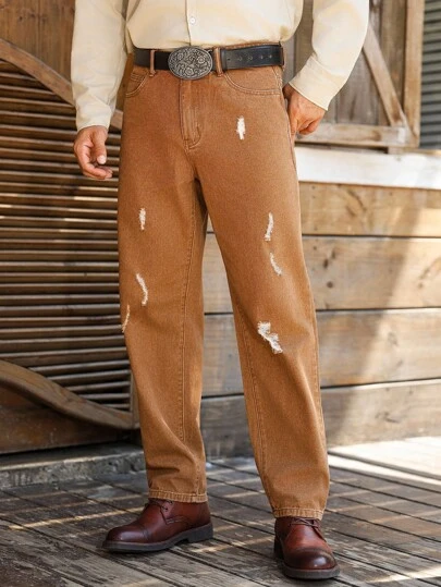 Manfinity Nomadique Asymmetriska herrjeans med sliten design i brunt, vintagestil, året runt