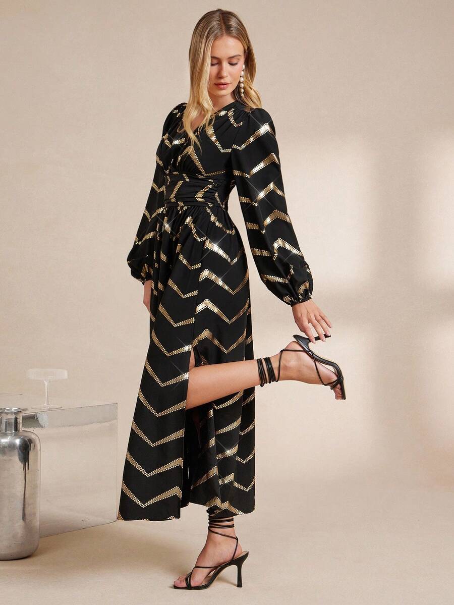 Amorya Elegantes Damen Kleid mit V-Ausschnitt, geraffter Taille, Folienprint und langen Ärmeln, schmeichelhafter Schnitt geeignet für Party, Zusammenkünfte und verschiedene Anlässe, Herbst - Schwarz und Gold - Übersicht 1