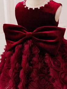 Glamorique Kids 3D Rose Embroidered Dress For Baby Girls, Christmas & Halloween, Bowknot & Beaded Decor, Children's Party & Performance Outfit,Christmas Dress Fall Winter