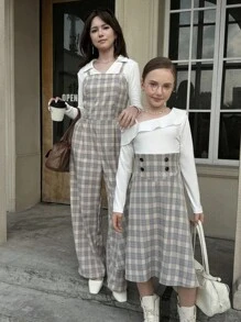 Vestido de peto a cuadros para niñas preadolescentes con ribete de volantes, cintura ajustada, adecuado para el trayecto al trabajo y el uso diario en otoño - Blanco - Ver 3