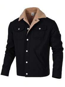 SHEIN 青少年男孩黑色 Sherpa 衬里工装夹克，休闲学院风，舒适实用，百搭柔软面料，适合日常穿着、上学、郊游、户外活动 - 黑色 - 查看 3