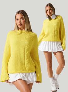 Menodora SHEIN Sport Women's Casual The Light Yellow Semi-High Neck Twisted Sweater Coat Is Slim And Versatile For Autumn,Back To School,Contains Wool Content - Yellow - View 9