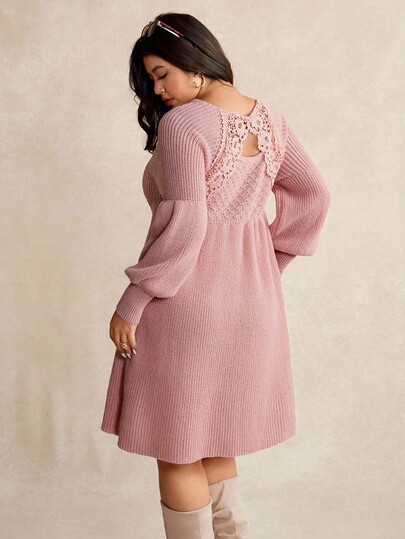 Elaquor Plus Size Casual Elegant Lace Patchwork Waist A-Line Sweater Dress Women Winter Knit Dress Lantern Sleeve Knit Dress Winter Dress For Women Knitted Dress For Women Plus Size Knitted Dress Lace Back Knitted Dress Long Sleeve Knitted Dress