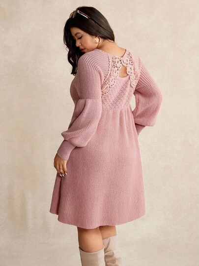 Elaquor Plus Size Casual Elegant Lace Patchwork Waist A-Line Sweater Dress Women Winter Knit Dress Lantern Sleeve Knit Dress Winter Dress For Women Knitted Dress For Women Plus Size Knitted Dress Lace Back Knitted Dress Long Sleeve Knitted Dress