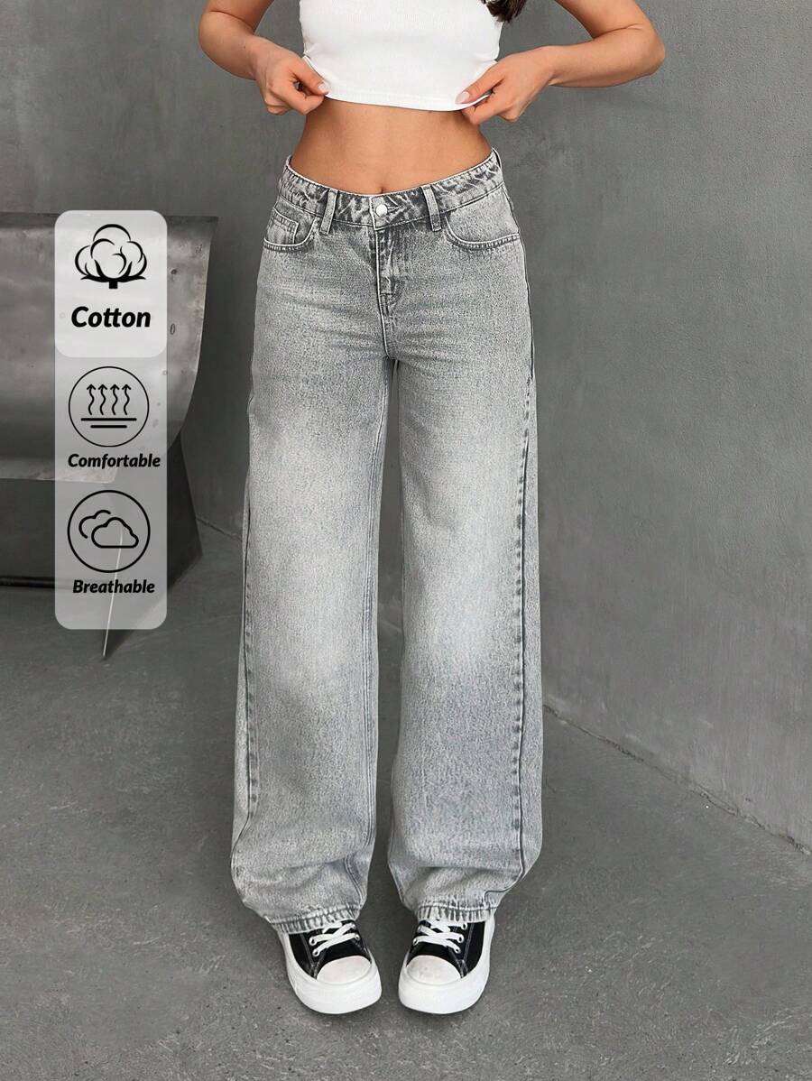 EURMUSE Low Waist Pocket Detailed Straight Jean - Grey - View 1