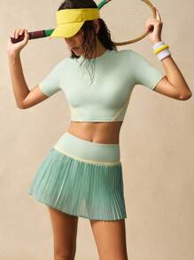 VARSIVA Women's Multicolor Knitted Colorblock Crop Sports Set With Round Neck And Short Sleeves Tennis Skirt Set Women Tennis Outfit 2 Pieces Workout Set Women Pleated Tennis Skirt Athletic Skirt Set