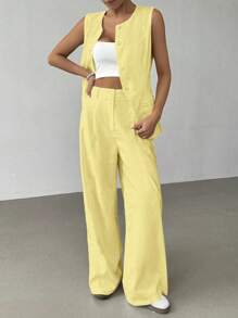 SHEIN EZwear Yellow Linen Sleeveless Jacket And Pants Casual Suit Set For Plus Size Women In Fall/Winter - Yellow - View 6