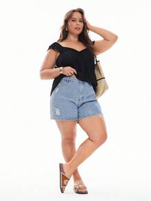 Solavibe Shorts en mezclilla desgarro con bolsillos oblicuos - Lavado ligero - Ver 4