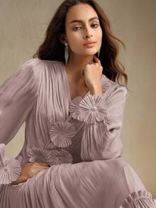 Anewsta Women's Long Floral Decor Elegant Casual Dress - Dusty Pink - View 4