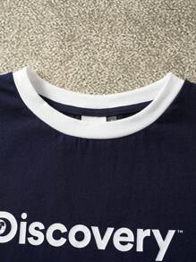 Discovery X SHEIN Women's Contrast Trim Letter Graphic Round Neck Short Sleeve T-Shirt