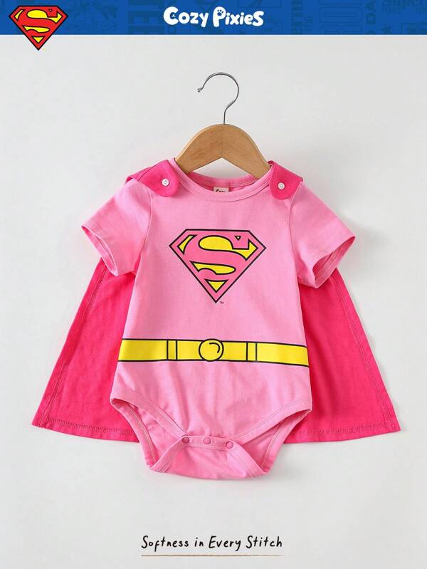 Cozy Pixies SUPERMAN X Cozy Pixies 2pcs Baby Girl Superhero Pattern Colorblock Soft Knit Romper & Cape Set Baby Girl Clothes Pink Baby Bodysuit Infant Girl Bodysuit Newborn Girl Clothes Baby Superhero Costume Infant Bodysuit
