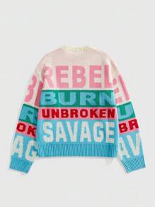 ROMWE MEN Prep 男士秋季字母提花圆领宽松休闲毛衣，长袖上衣 - 白色 - 查看 2