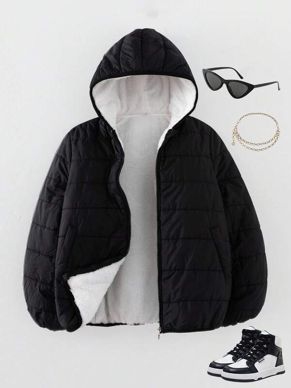 SHEIN Sparklyn Teen Girl Solid Color Thermal Lined Zip-Up Hooded Sweatshirt Lightweight Padded Coat, Winter Fall