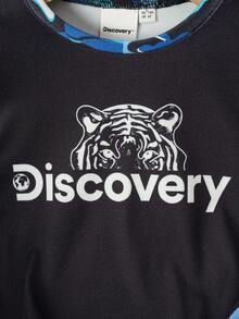 Discovery X SHEIN 2pcs Young Boy Tiger & Camouflage Print Crew Neck Long Sleeve Top And Pants Knit Comfortable Pajama Set