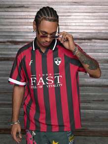 AXEPEAK Manfinity StreetEZ Men's Digital Printed Striped Loose Knitted Polo Shirt With English Patterns , Summer Casual Hip Hop Style Button Football Color Block Going Out Athletic Rapper - Multicolor - View 1