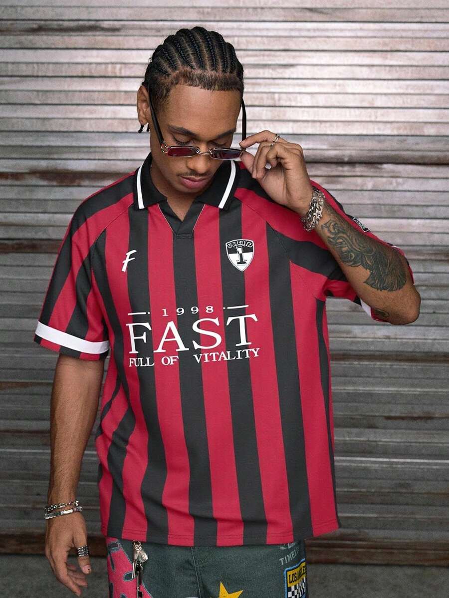 AXEPEAK Manfinity StreetEZ Men's Digital Printed Striped Loose Knitted Polo Shirt With English Patterns , Summer Casual Hip Hop Style Button Football Color Block Going Out Athletic Rapper - Multicolor - View 1