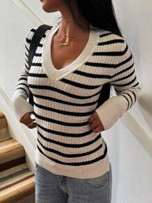 SHEIN EZwear 女士春季时尚 1 件纯色粗针织 V 领毛衣，女士春/秋休闲粗针织，撞色蕾丝长袖修身棕色常规袖套头衫女士毛衣，长袖上衣 - 黑與白 - 查看 1