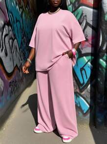 Slaydiva 秋冬新品/女士秋装/万圣节/女士秋冬服装 秋冬新品，女士秋冬服装 - 粉色宽松露脐上衣T恤和阔腿口袋裤家居服套装，舒适面料大码女装，女士秋装两件套，女士舒适两件套，女士两件裤套装，女士休闲两件套，舒适两件套 - 粉色 - 查看 6