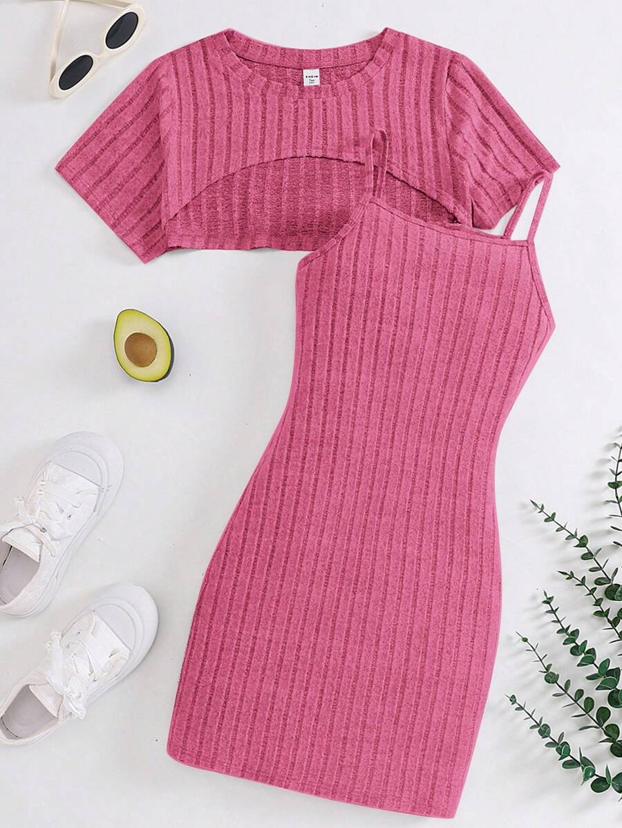SHEIN Leap Crew 少女两件套:轻盈罗纹针织短款背心和迷你连衣裙,休闲百搭,浅灰色 - 粉色 - 查看 1