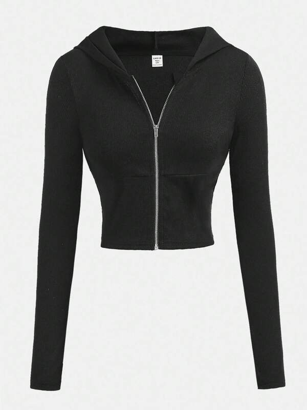 SHEIN Girlism Sudadera casual con capucha de manga larga y cremallera de punto acanalado negro unicolor para niña preadolescente