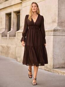 EMERY ROSE Elegant Solid Color Chiffon Long Sleeve Tie-Up Ruched Dress, Spring/Summer Designer - Coffee - View 4