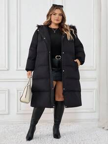 SHEIN CURVE+ 冬季大码女式连帽毛领加厚夹克 - 黑色 - 查看 3