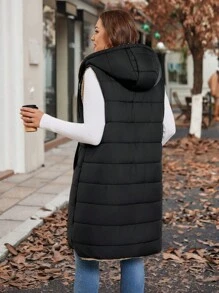 SHEIN Clasi 大码女士黑色长款背心外套，双面可穿，带双面口袋，保暖舒适，2025新款。大码女士长袖口袋休闲外套，适合秋季、冬季穿着，复古风，适合外出、办公室等场合，尽显优雅气质，亦可作为万圣节服装或复古风格。大码女士长袖口袋休闲连帽双面可穿外套，绗缝设计，适合秋季穿着。 - 黑色 - 查看 11