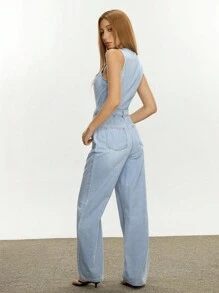 SHEIN EZwear Pantalon salopette en jean décontracté et élégant pour femmes - Bleu azur - Voir 2
