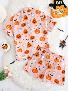 Bộ đồ ngủ 2 món in hình quả bí ngô Halloween dành cho bé gái tuổi teen, tay ngắn, quần short - Màu be - Xem 2