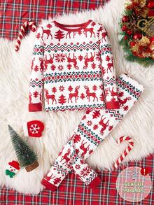 SHEIN 1 zestaw piżamy dla chłopców Merry Christmas, dopasowane, z długim rękawem i spodniami z geometrycznym nadrukiem renifera i płatka śniegu, bielizna nocna