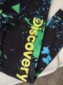 Discovery X SHEIN Tween Boy 绿色扎染恐龙印花圆领上衣弹力罗纹裤紧身睡衣套装，秋冬 - 黑色 - 查看 5