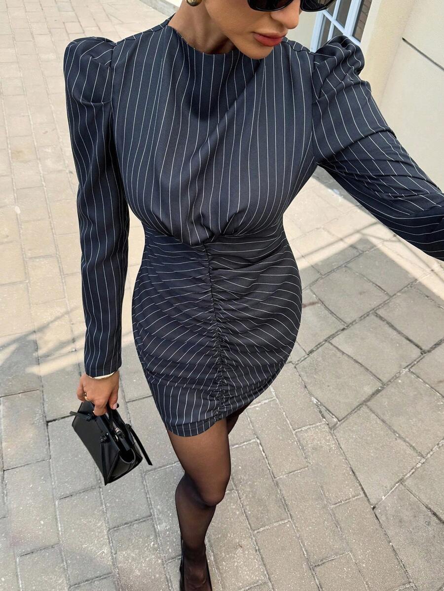 Siren Gaze New Autumn Exquisite Commuter Dress For Women, Navy Blue Stripes Old Money Style Commuter Wear, Office Siren Style, Exquisite And Elegant Dress,High Waist Mini Dress, Modern Fashion Office Dress, Pinstripe Dress Long Sleeve Dress Fitted Dress,Business Casual Woman,Teacher Clothes ,Fall Clothes,Fall Dresses For Women Winter Party