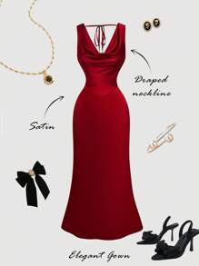 SHEIN MOD Váy satin Burgundy ôm sát, cổ khoét sâu, hở lưng, buộc eo - Đỏ - Xem 1
