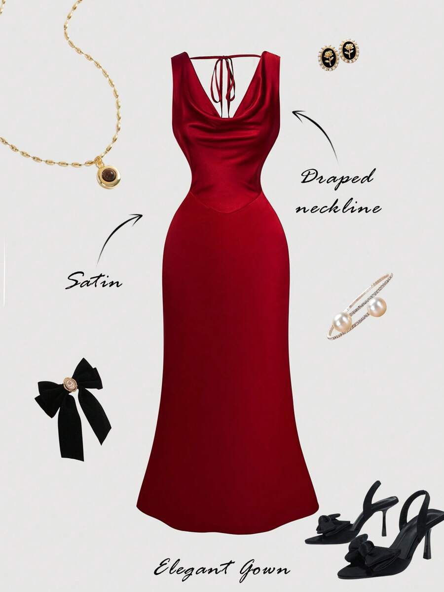 SHEIN MOD Váy satin Burgundy ôm sát, cổ khoét sâu, hở lưng, buộc eo - Đỏ - Xem 1