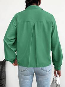 EURMUSE Women's Casual Solid Color Button-Up Long Sleeve Shirt - Hijau - View 2