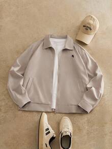 HIMLAND 男士休闲梭织马术刺绣翻领落肩夹克米色夹克男士夏季夹克男士街头时尚夹克裸色夹克男士拉链夹克，复古款，秋季，冬季 - 卡其色 - 查看 6